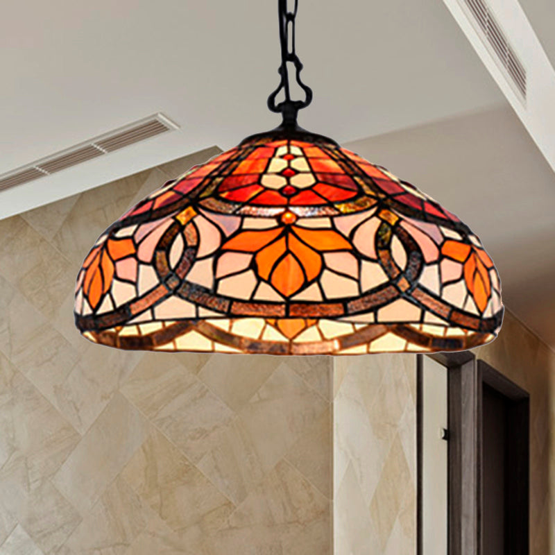 Stained Glass Dome Hanging Lamp Tiffany Antique Pendant Light in Black Finish for Dining Room