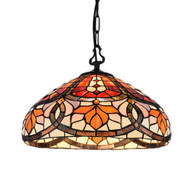 Stained Glass Dome Hanging Lamp Tiffany Antique Pendant Light in Black Finish for Dining Room