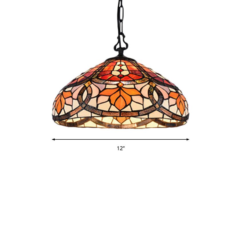 Stained Glass Dome Hanging Lamp Tiffany Antique Pendant Light in Black Finish for Dining Room