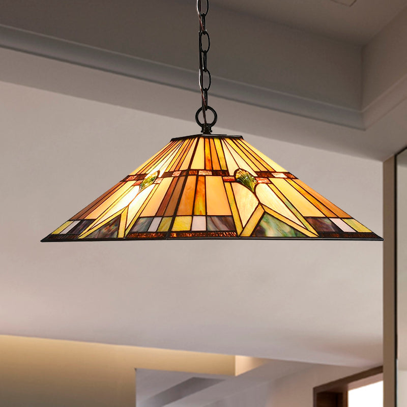 Tiffany Rhombus/Shell Ceiling Lamp 1 Head Brown Stained Art Glass Hanging Pendant Light for Dining Room