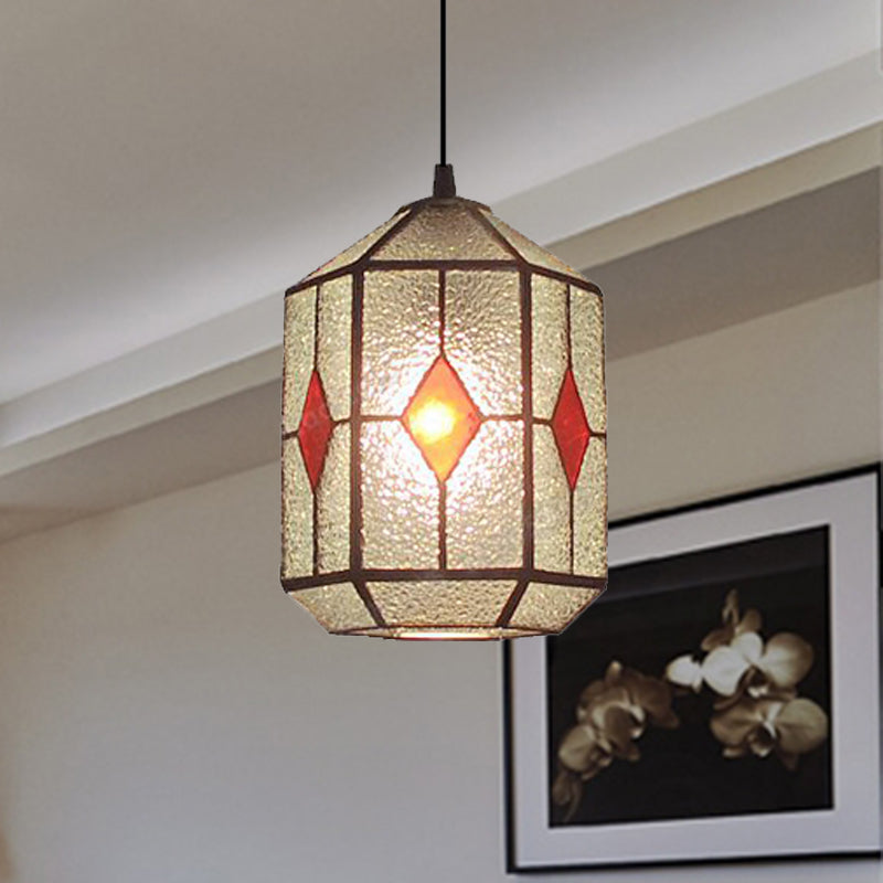 Cilinder roestvrij glas hangend licht Tiffany -stijl 1 licht rood/groen naar beneden verlichting met rhombus/bladpatroon