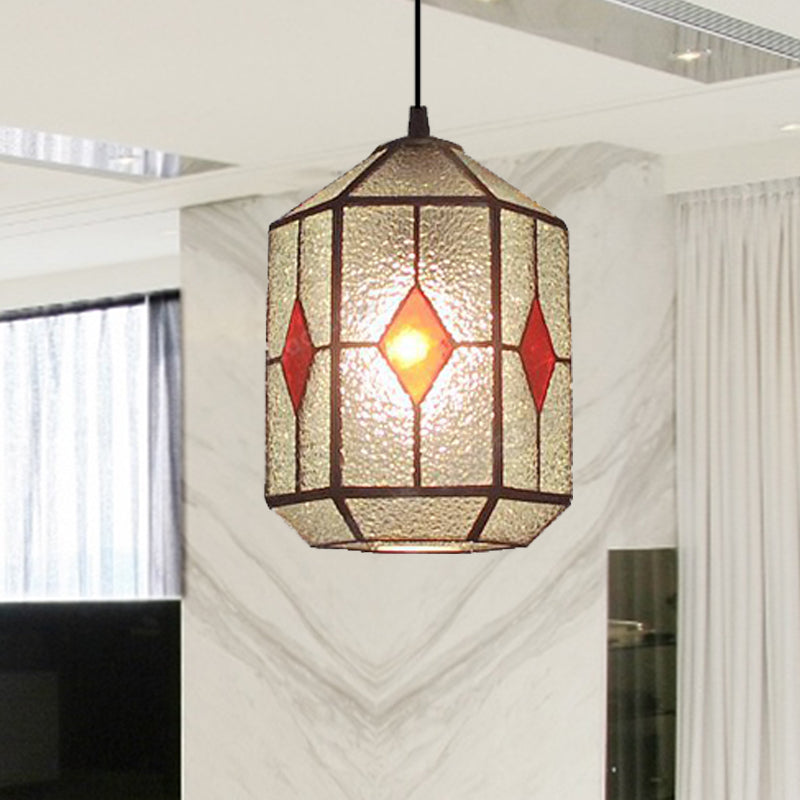 Cylinder Stainless Glass Hanging Light Tiffany Style 1 Light Red/Green Down Lighting with Rhombus/Leaf Pattern