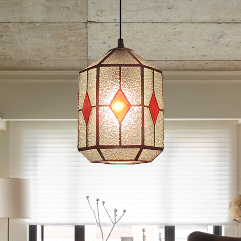 Cylinder Stainless Glass Hanging Light Tiffany Style 1 Light Red/Green Down Lighting with Rhombus/Leaf Pattern