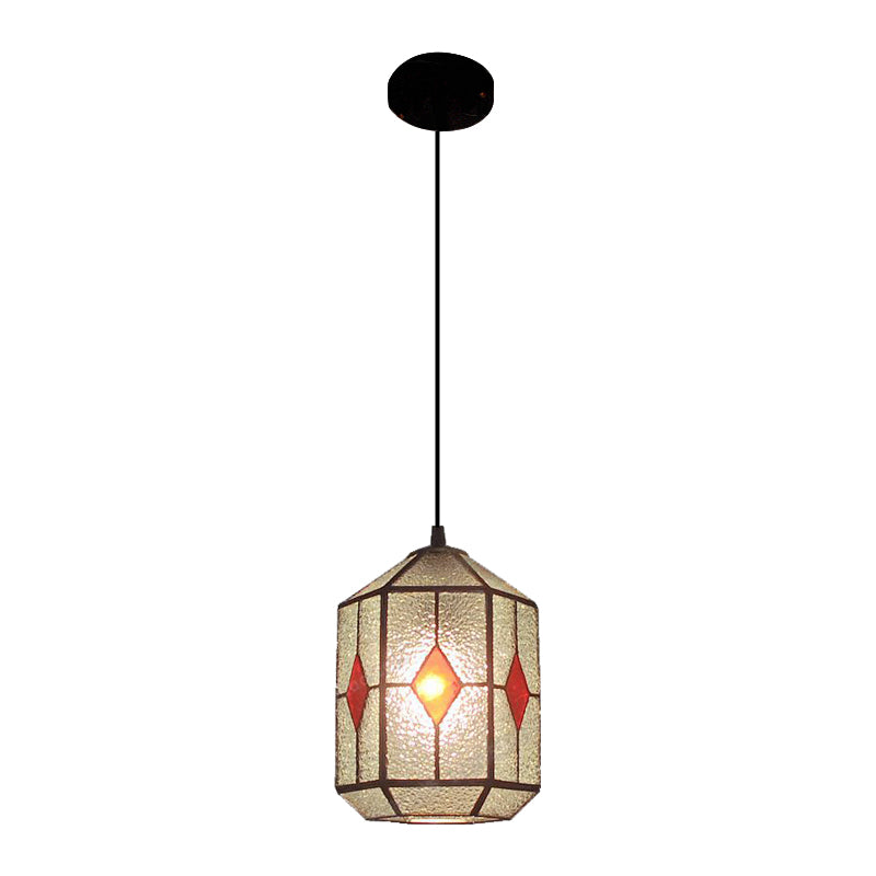 Cilinder roestvrij glas hangend licht Tiffany -stijl 1 licht rood/groen naar beneden verlichting met rhombus/bladpatroon