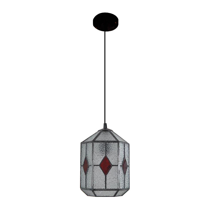 Cylinder Stainless Glass Hanging Light Tiffany Style 1 Light Red/Green Down Lighting with Rhombus/Leaf Pattern