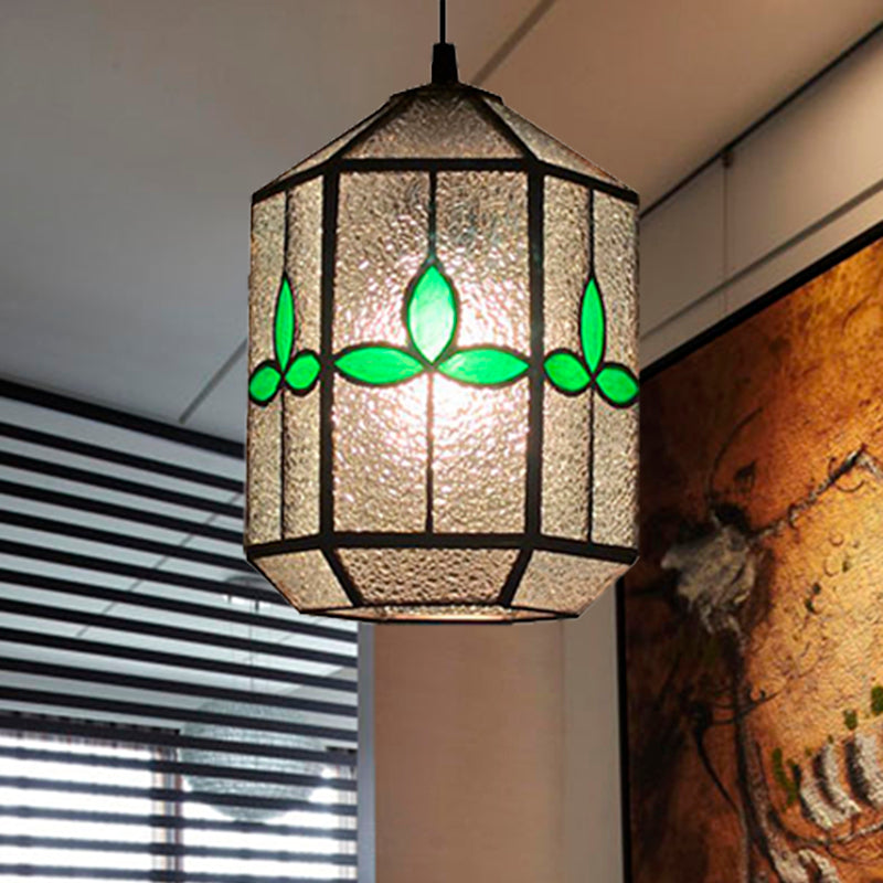 Cylinder Stainless Glass Hanging Light Tiffany Style 1 Light Red/Green Down Lighting with Rhombus/Leaf Pattern