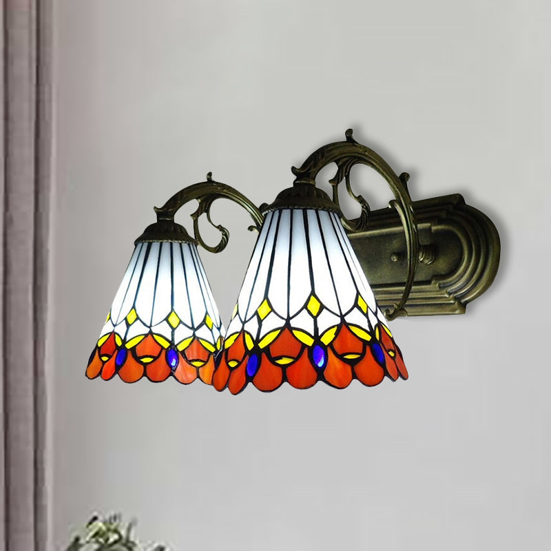 Tiffany Vintage Orange Wall Sconce Cone Shade 2 Lights Art Glass Wall Light for Bathroom