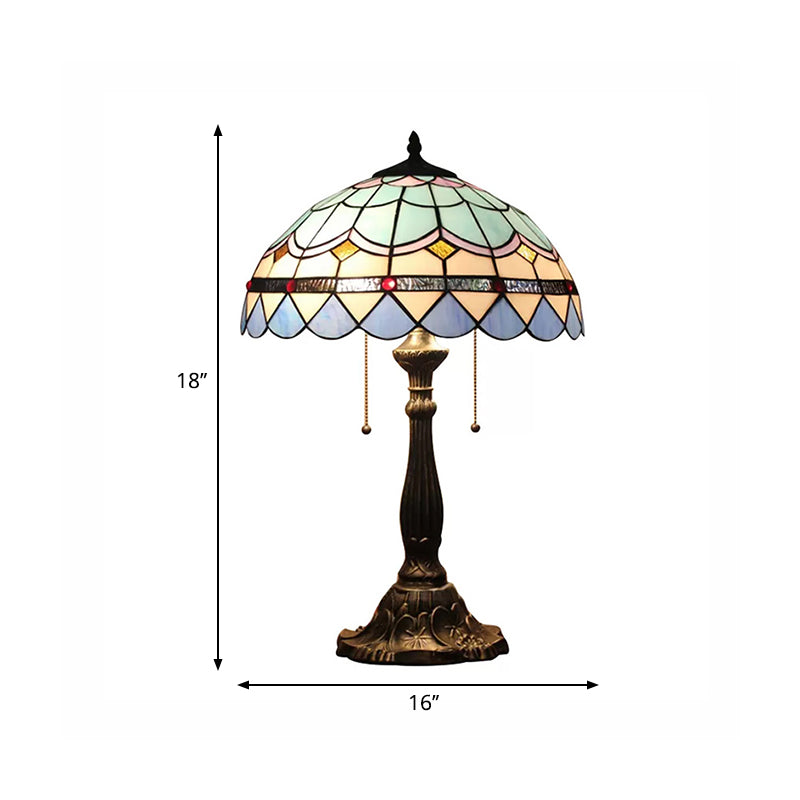Barokke stijl Dome/Bowl leeslicht 1 licht gebrandschilderd glazen tafelverlichting met metalen basis in blauw