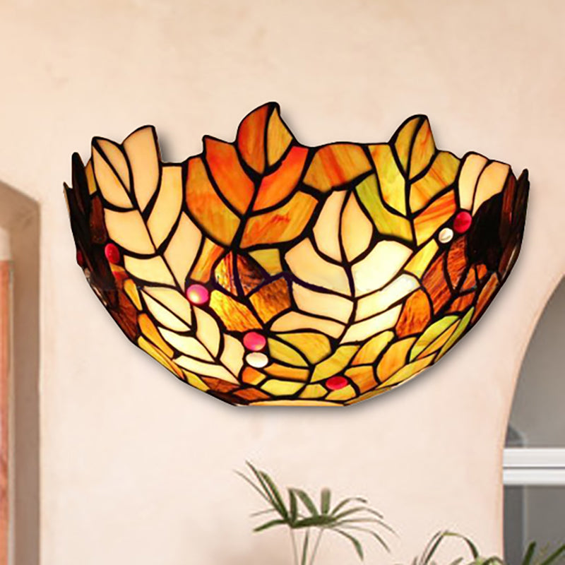 Leaf Wall Light with Stained Glass Bowl Shade 2 Bulbs Lodge Style Sconce Lighting