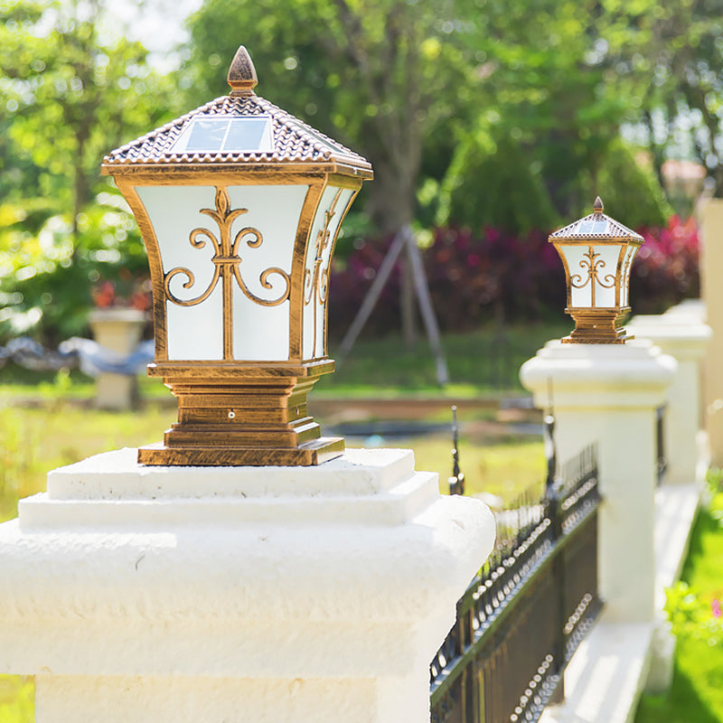 Frosted White Glass Flared Solar Landscape Lamp Retro Garden LED Post Lighting Fixture