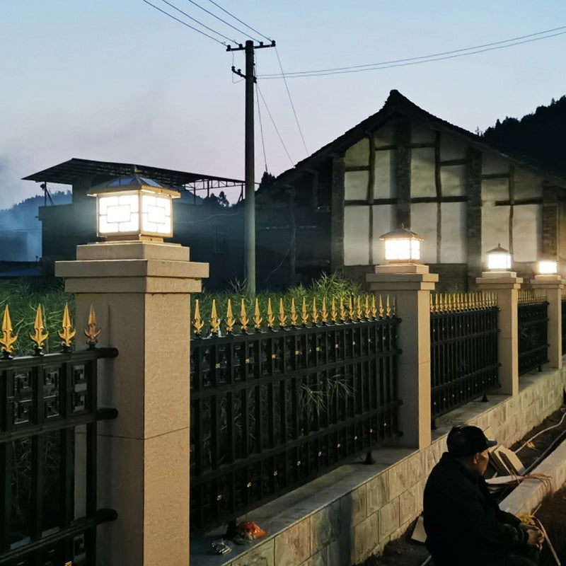 Traditional Lantern Solar Post Lamp Frosted Glass LED Street Lighting in Antiqued Brass