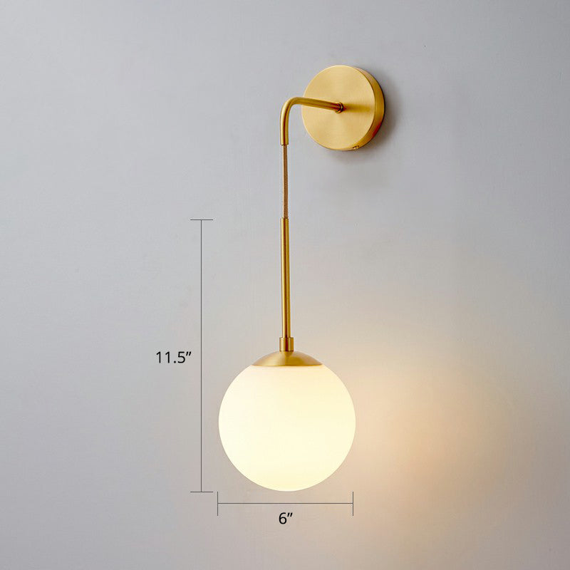 Global Wall Light Fixture Simplicity White Glass 1 Bulb Bedroom Sconce Lamp in Brass
