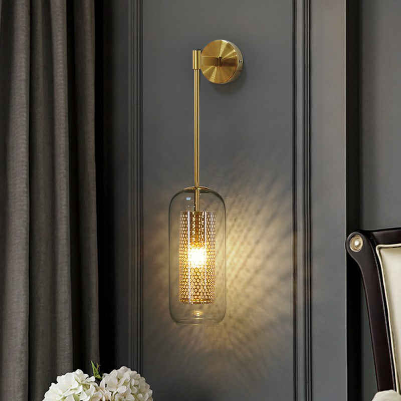 Postmodern Capsule Sconce Lighting Clear Glass 1 Head Stairs Wall Light with Wire Mesh Inner