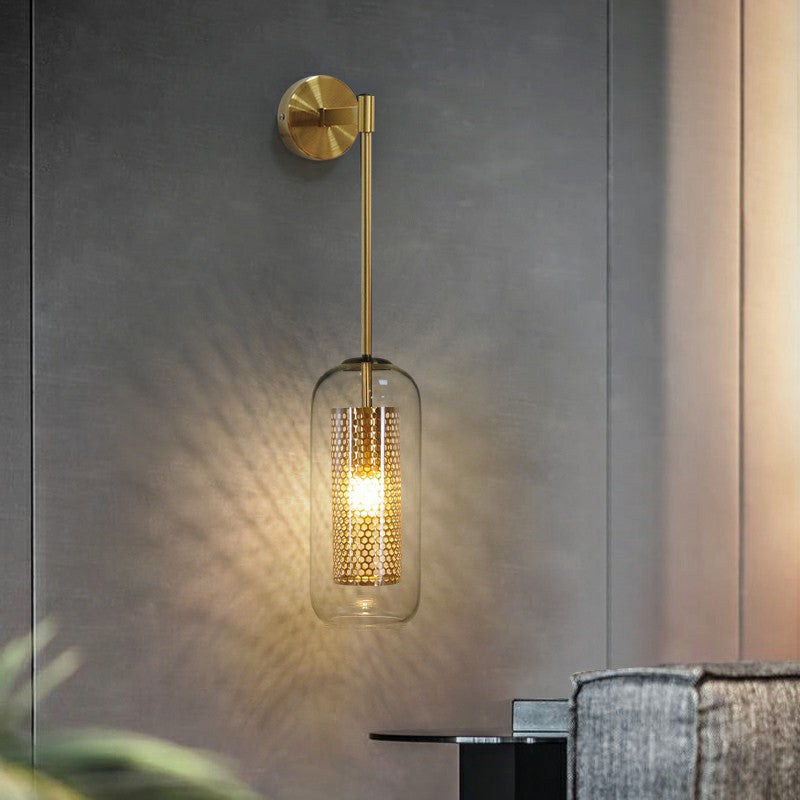 Postmodern Capsule Sconce Lighting Clear Glass 1 Head Stairs Wall Light with Wire Mesh Inner