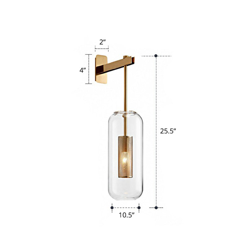 Pill Capsule Clear Glass Wall Sconce Postmodern 1-Light Wall Hanging Light with Mesh Cage