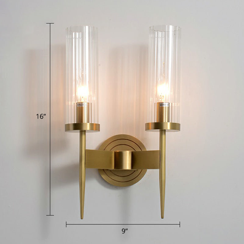 Prismatic Glass Tube Wall Light Postmodern Brass Finish Sconce Fixture for Living Room