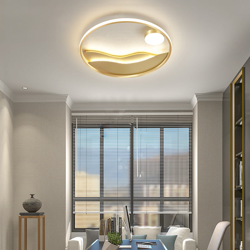 Minimalistic Abstract Art Round Flush Mount Metal Bedroom LED Ceiling Light in Gold