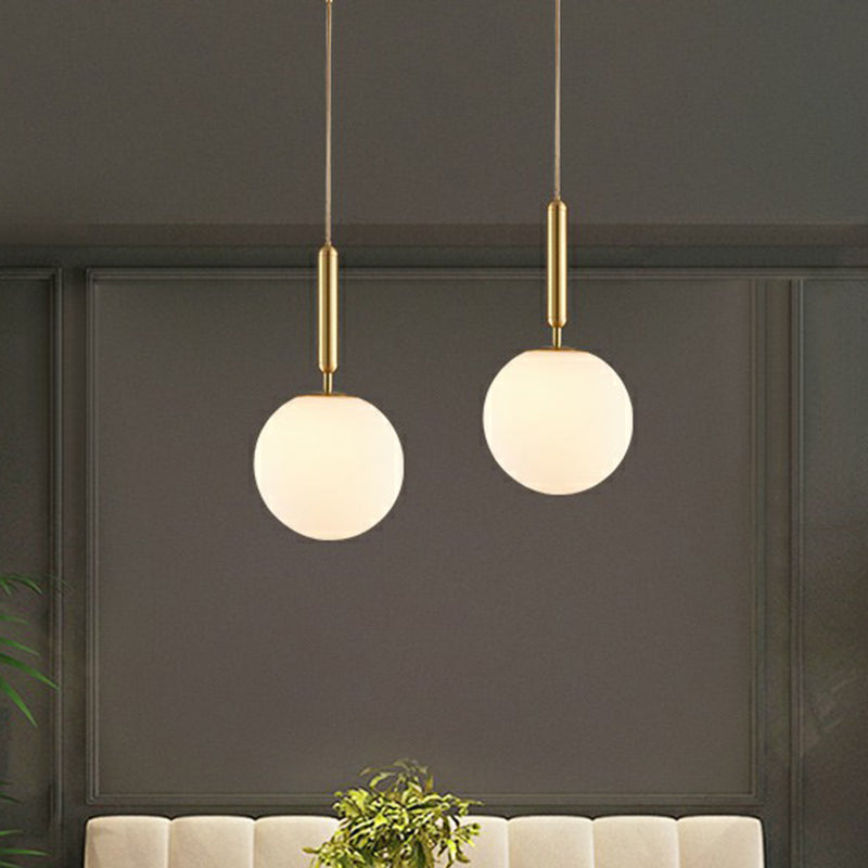 Ball Dining Room Pendulum Light White Glass 1-Head Simple Pendant Lighting in Brass