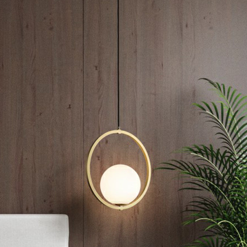 Ball Opaque Glass Ceiling Suspension Lamp Simplicity Single Brass Drop Pendant with Metal Ring