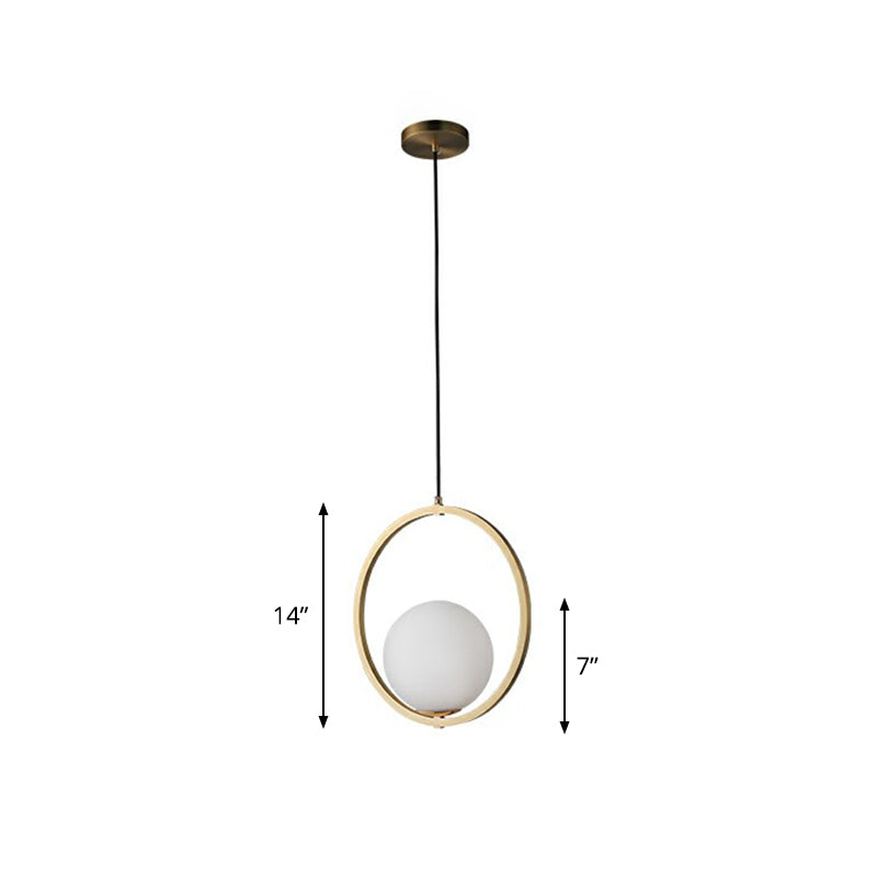 Ball Opaque Glass Ceiling Suspension Lamp Simplicity Single Brass Drop Pendant with Metal Ring