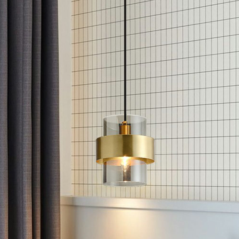 Cylinder Bedroom Down Lighting Smoke Grey Glass Single Postmodern Pendant Light in Brass