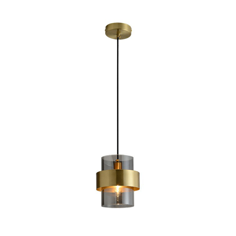 Cylinder Bedroom Down Lighting Smoke Grey Glass Single Postmodern Pendant Light in Brass