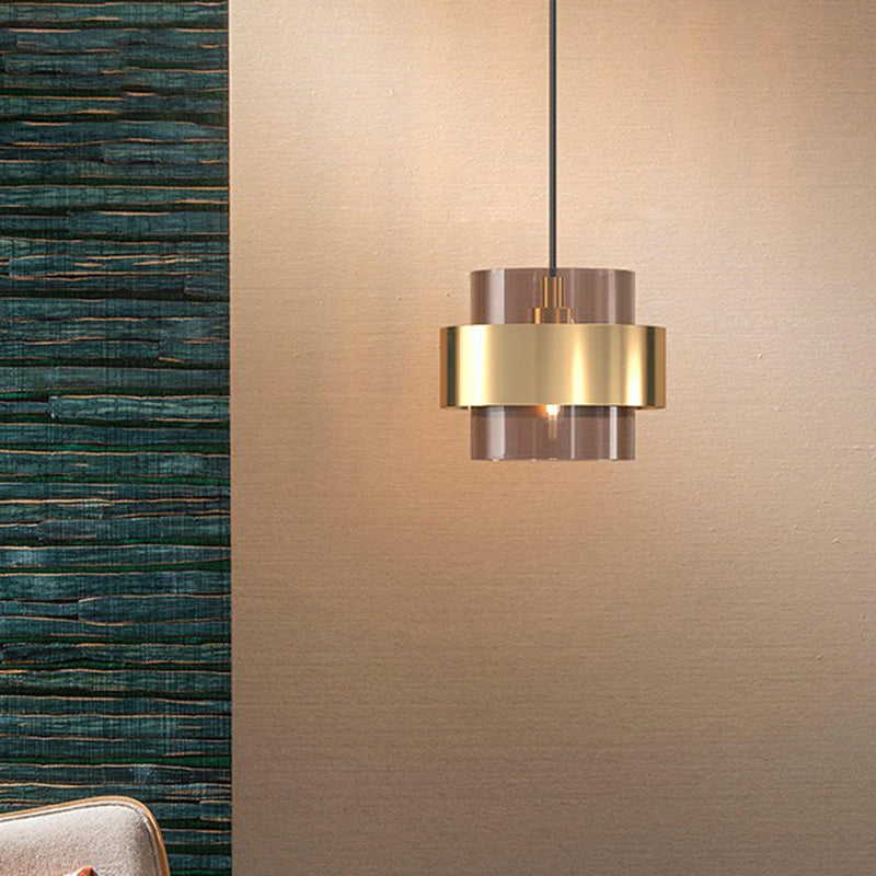 Cognac Glass Cylindrical Pendant Light Fixture Nordic 1 Head Hanging Lamp with Gold Ring Guard