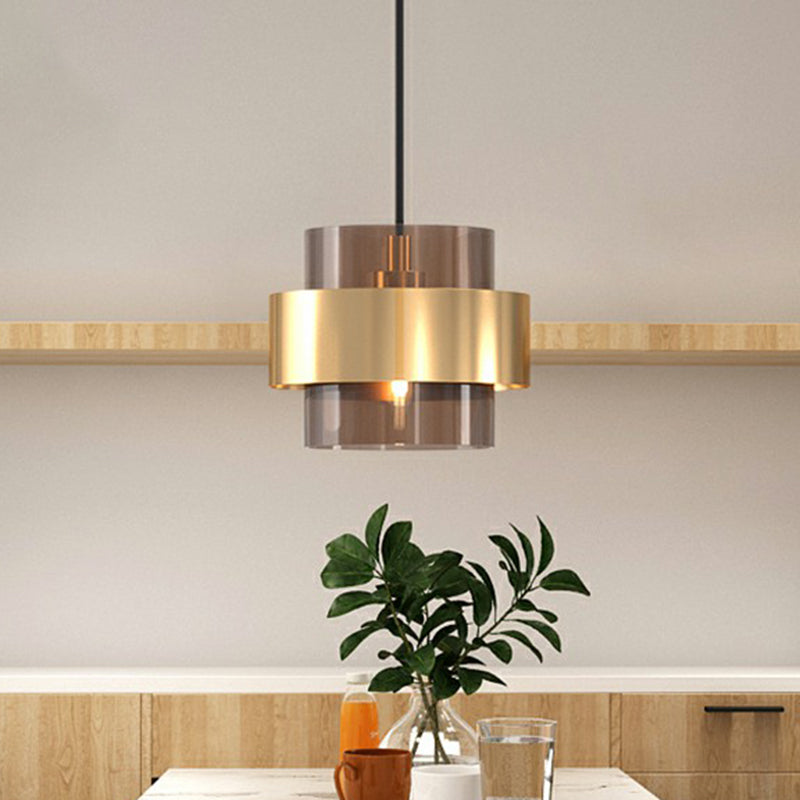 Cognac Glass Cylindrical Pendant Light Fixture Nordic 1 Head Hanging Lamp with Gold Ring Guard