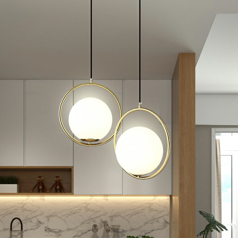 Globe Dining Room Suspension Lamp Milky Glass 1 Bulb Modern Pendant Light with Brass Loop