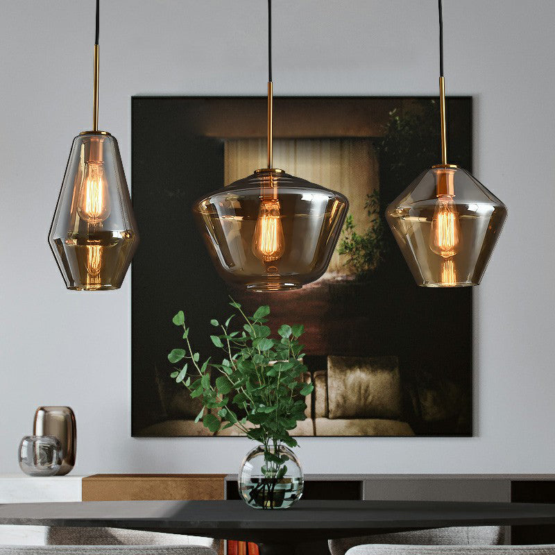 Postmodern 3 Bulbs Cluster Pendant Brass Geometric Ceiling Suspension Light with Glass Shade