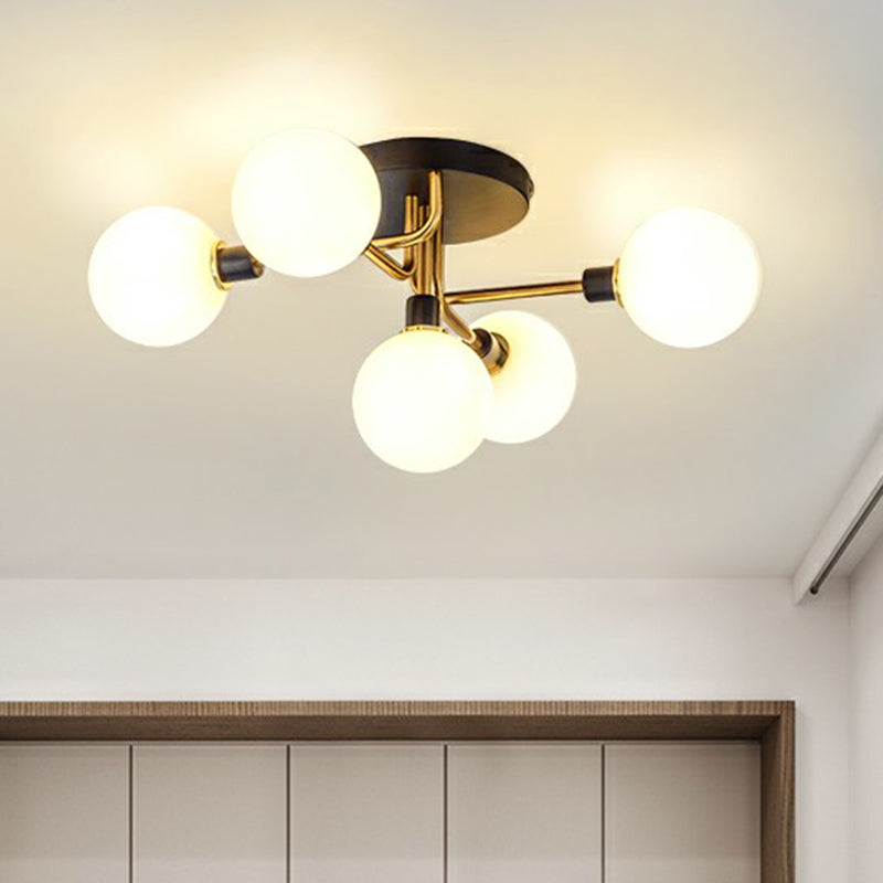 Postmoderne Kugel Flush Mount Lamp Glas 5-Licht Schlafzimmer Halbflush-Deckenleuchte in Schwarzmarke