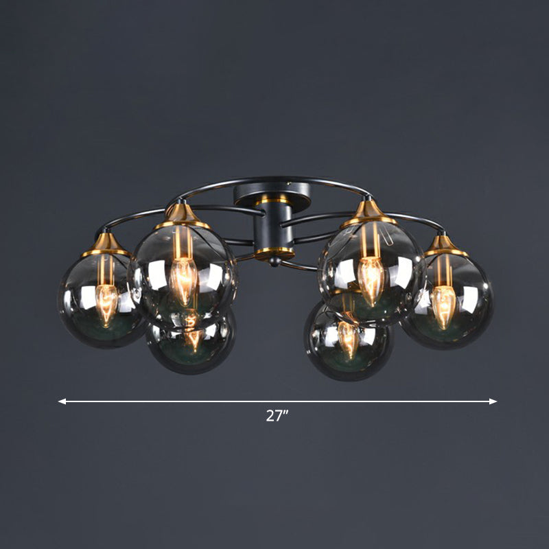 Postmodern Semi Flush Chandelier Black and Brass Ball Ceiling Light with Glass Shade