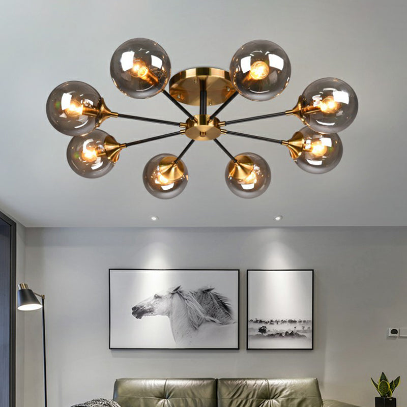 Black and Brass Radial Flush Mount Lighting Postmodern Metal Semi Flush Ceiling Light with Ball Glass Shade