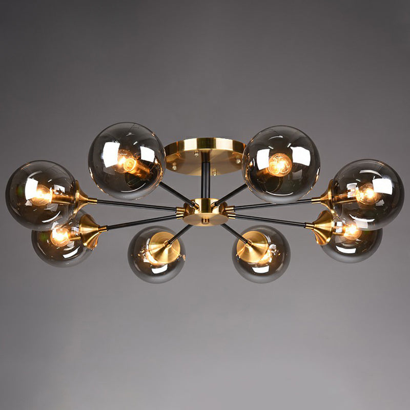 Black and Brass Radial Flush Mount Lighting Postmodern Metal Semi Flush Ceiling Light with Ball Glass Shade