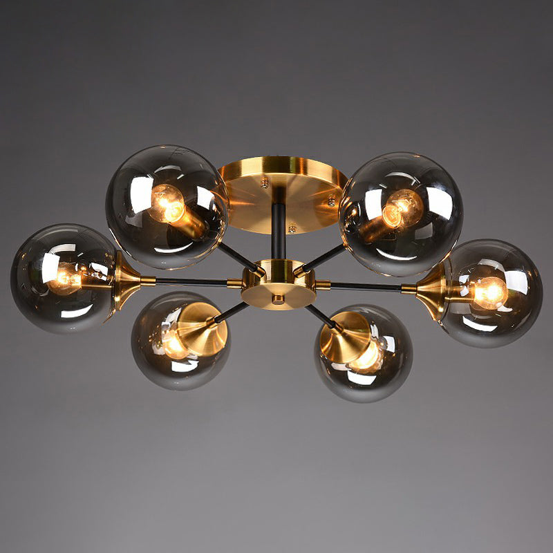 Black and Brass Radial Flush Mount Lighting Postmodern Metal Semi Flush Ceiling Light with Ball Glass Shade