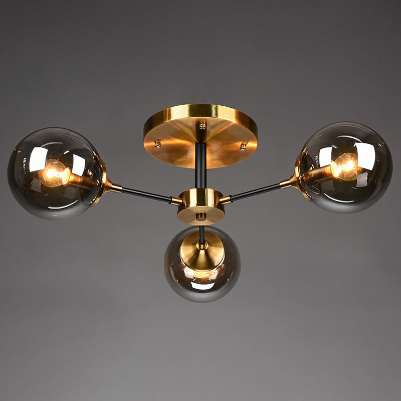 Black and Brass Radial Flush Mount Lighting Postmodern Metal Semi Flush Ceiling Light with Ball Glass Shade