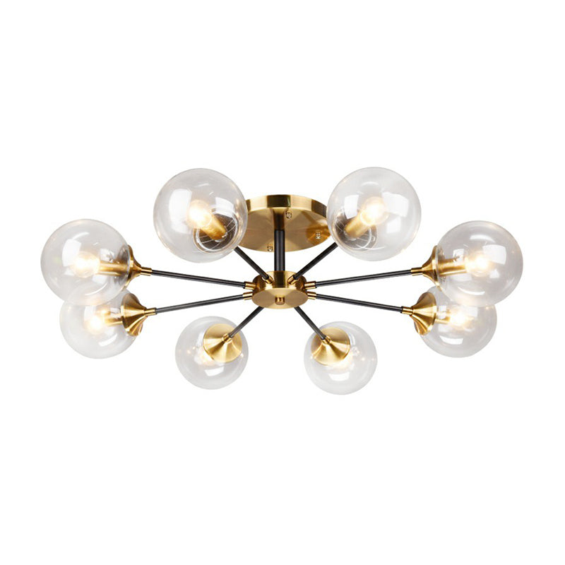 Black and Brass Radial Flush Mount Lighting Postmodern Metal Semi Flush Ceiling Light with Ball Glass Shade