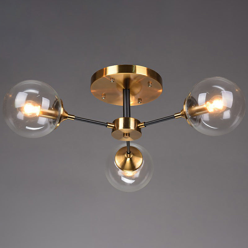 Black and Brass Radial Flush Mount Lighting Postmodern Metal Semi Flush Ceiling Light with Ball Glass Shade