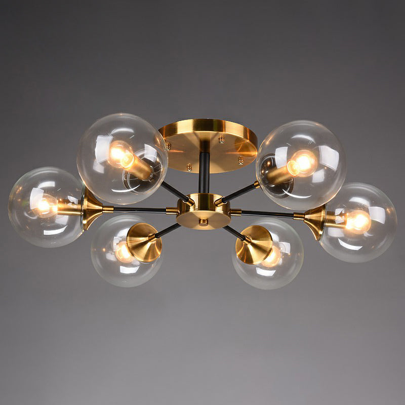 Black and Brass Radial Flush Mount Lighting Postmodern Metal Semi Flush Ceiling Light with Ball Glass Shade