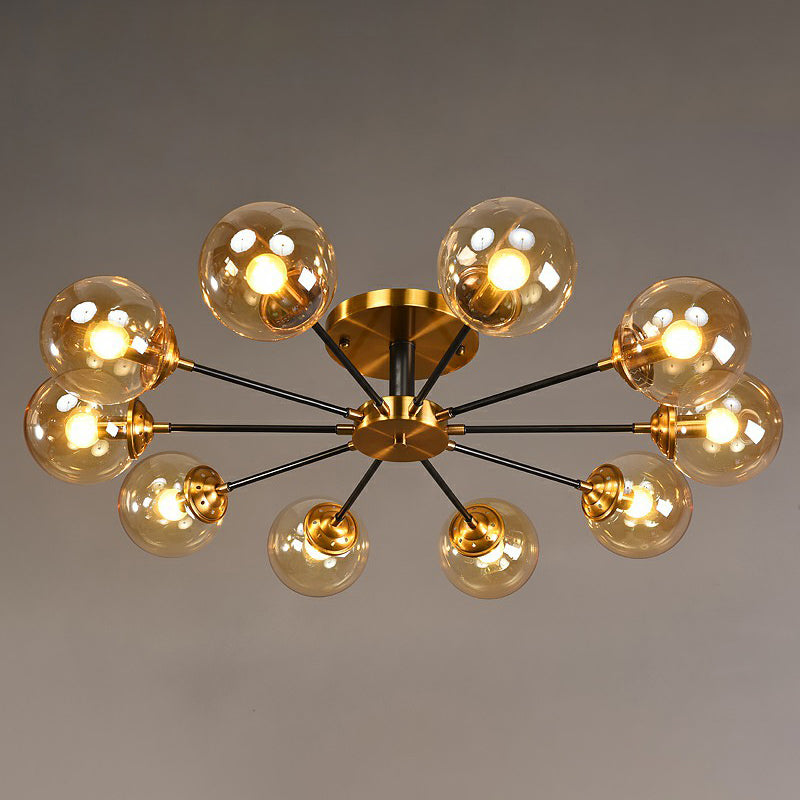 Black and Brass Radial Flush Mount Lighting Postmodern Metal Semi Flush Ceiling Light with Ball Glass Shade