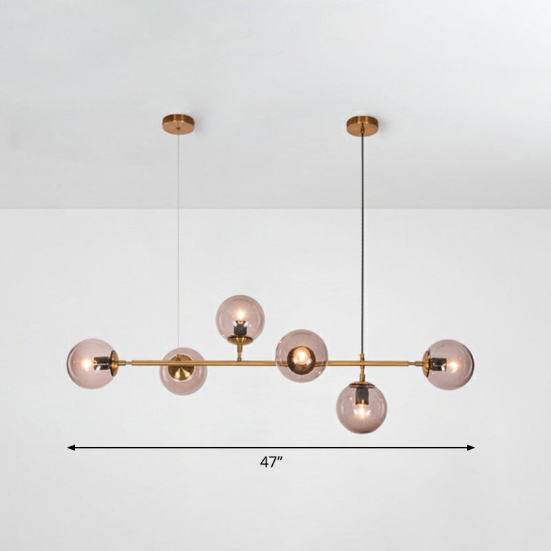Ball Smoke Grey Glass Island Pendant Light Nordic 6 Bulbs Brass Finish Hanging Light for Restaurant
