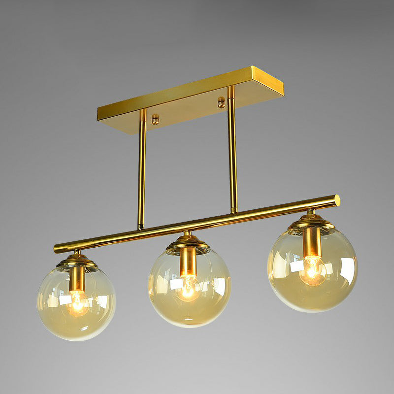 Brass Linear Island Light Fixture Postmodern Metal Ceiling Light with Globe Glass Shade