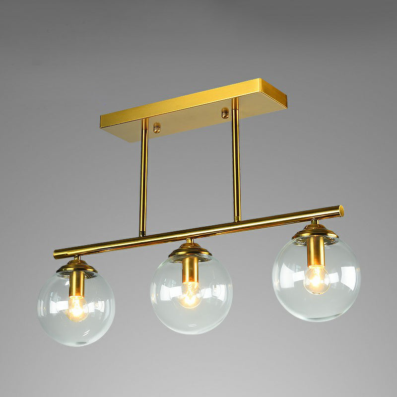 Brass Linear Island Light Fixture Postmodern Metal Ceiling Light with Globe Glass Shade