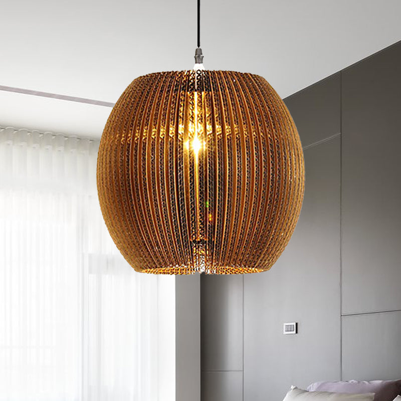1 lampe à suspension légère avec cylindre / ombre ovale en papier ondulé de papier élégant asiatique élégant luminaire en marron en marron