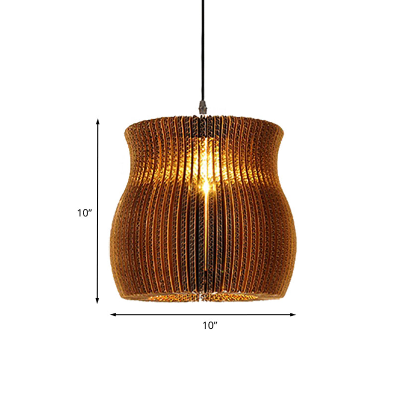 1 lampe à suspension légère avec cylindre / ombre ovale en papier ondulé de papier élégant asiatique élégant luminaire en marron en marron