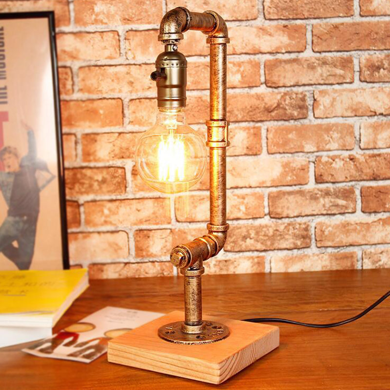 Lampe à table à tuyaux en fer forgé rustique élégant 1 Éclairage de table à chambre claire légère avec ampoule ouverte en bronze
