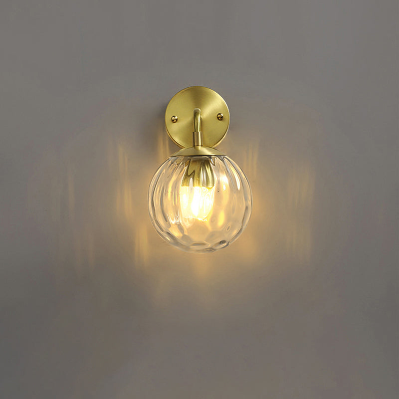 Clear Ripple Glass Ball Wall Light Minimalistic 1-Light Brass Sconce Fixture for Dining Room