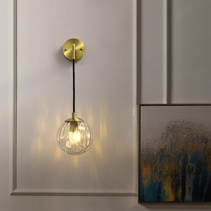 Clear Ripple Glass Ball Wall Light Minimalistic 1-Light Brass Sconce Fixture for Dining Room
