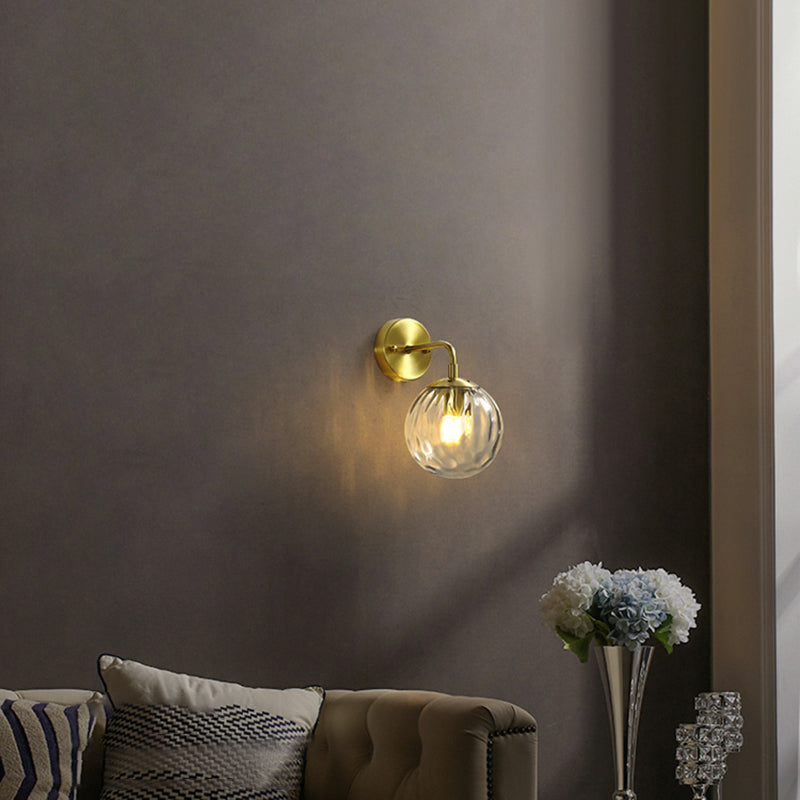Clear Ripple Glass Ball Wall Light Minimalistic 1-Light Brass Sconce Fixture for Dining Room