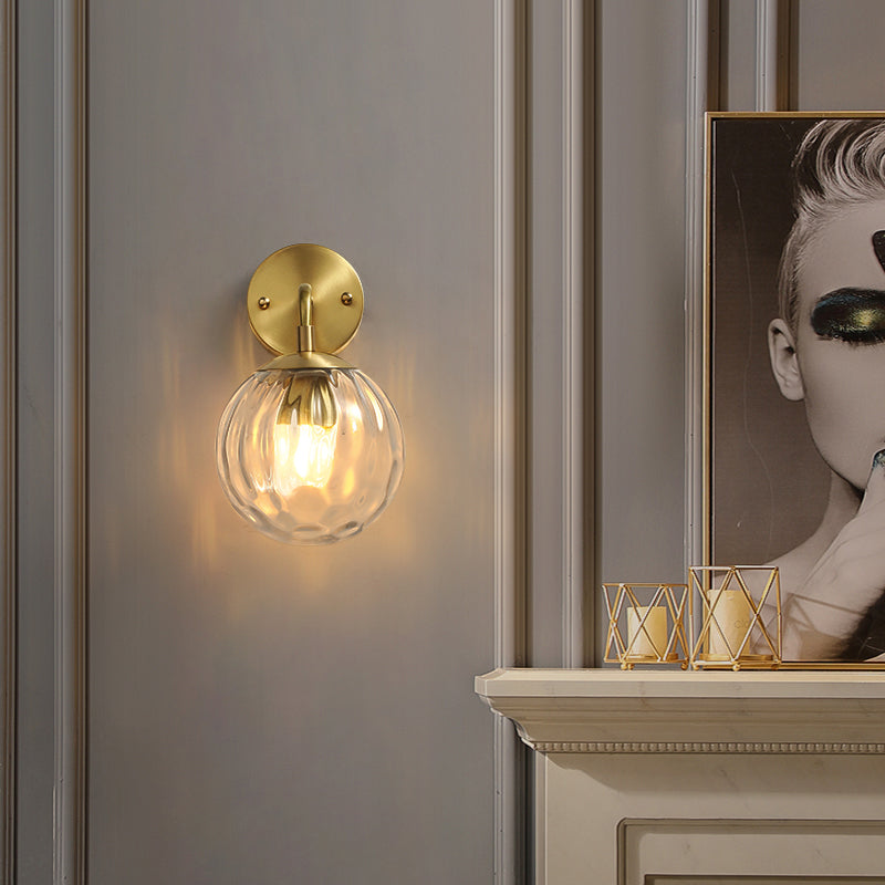 Clear Ripple Glass Ball Wall Light Minimalistic 1-Light Brass Sconce Fixture for Dining Room